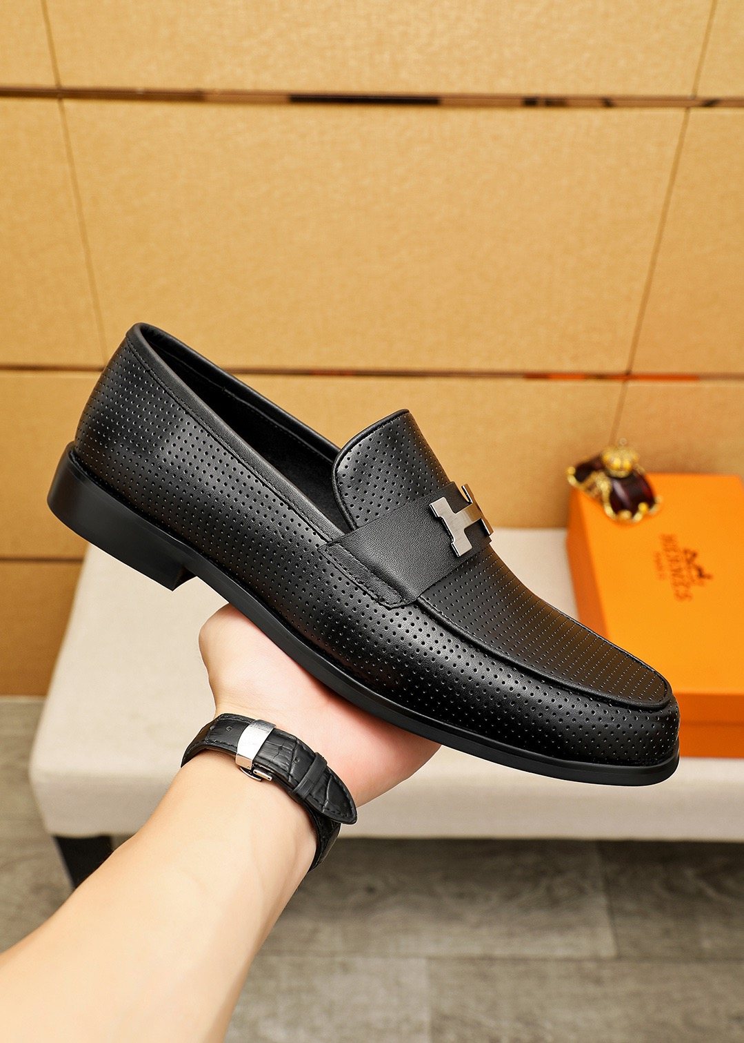 Hermès Black Perforated H-Hardware Loafers